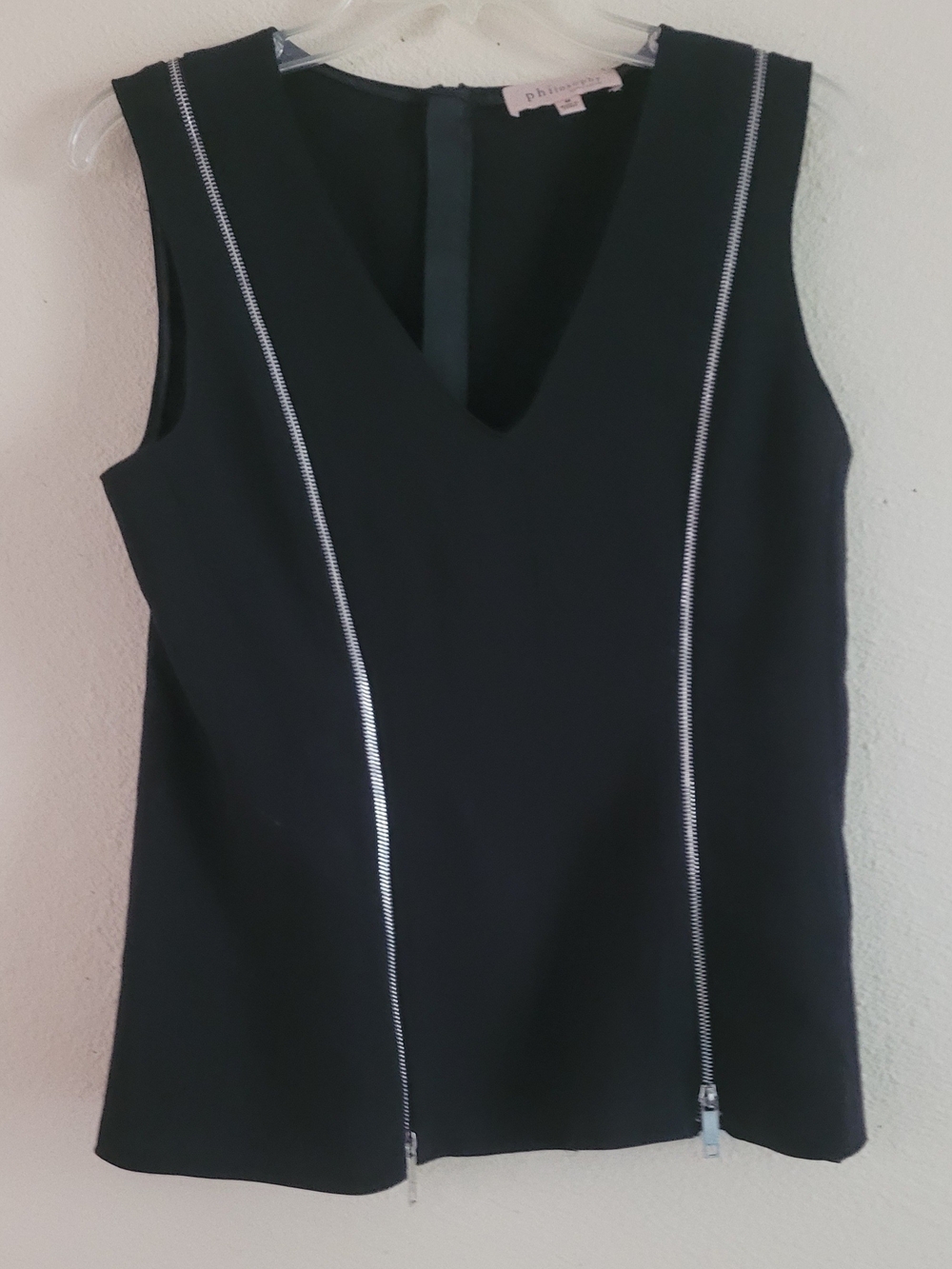 Philosophy Black V-Neck Sleeveless Tank with Silver Zip Detailing